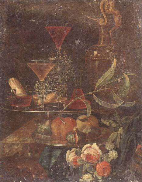 unknow artist Still Life of wine-glasses,a decanter,a glass bowl,sweet breads,figs and peaches upon pewter plates,together with a gilt ewer and flowers,all upon a m France oil painting art